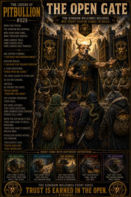 A fantasy-style poster titled "THE LEGEND OF PITBULL #029 - THE OPEN GATE," depicting a pitbull-headed king welcoming various visitors including "THE BUILDERS," "THE VISIONARIES," "THE SEEKERS," "THE TAKERS," and "THE DECEIVERS" to a kingdom, with the message "TRUST IS EARNED IN THE OPEN."