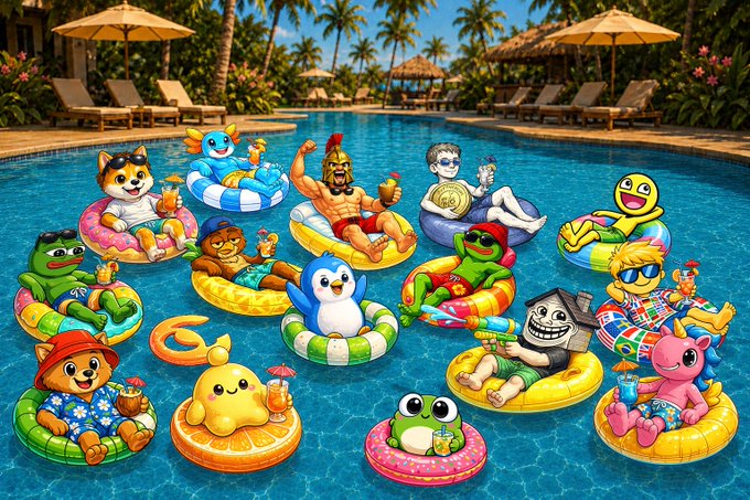 The image features a large group of cartoon characters floating around in a swimming pool, with some sitting on floats and others standing or lying down. There are at least 14 different characters present in the scene, each with their own unique pose and expression. The colors used for the characters vary, adding to the vibrant and lively atmosphere of the image. The post that this image belongs to is titled "EPIC", which suggests it might be a part of an art project or a social media post showcasing these cartoon characters in a fun and entertaining way.