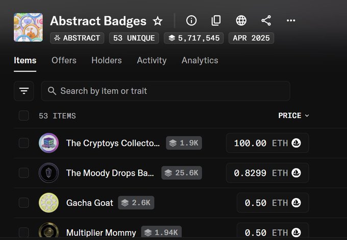A screenshot of an NFT marketplace listing for 'Abstract Badges' showing 53 unique items priced in ETH, including 'The Cryptoys Collection' at 100 ETH and 'The Moody Drops' at 0.8299 ETH.