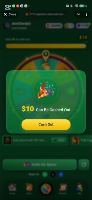 The image shows a screenshot of an "EarnCraft" app with a pop-up displaying a celebratory party popper graphic and "$10 Can Be Cashed Out" alongside a yellow "Cash Out" button, illustrating the earning/cash-out feature promoted in the Telegram bot announcement.