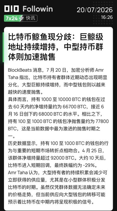 A news screenshot from Followin dated 20/07/2026 reports that Bitcoin whale addresses (1,000-10,000 BTC) have continued accumulating with net holdings of ~66,700 BTC over the past 60 days, while mid-tier holders (100-1,000 BTC) are accelerating selloffs with net holdings of ~-77,800 BTC. The accompanying post explains that this divergence between whale accumulation and smaller holder distribution is the root cause of Bitcoin's recent sideways/stalemate price action between bulls and bears.