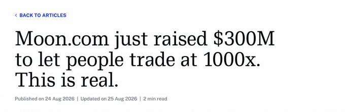 An article headline reads "Moon.com just raised $300M to let people trade at 1000x. This is real," published on 24 Aug 2026, highlighting the platform's major funding round and high-leverage trading offering as discussed in the accompanying post.