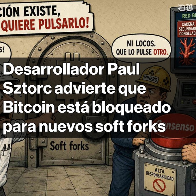 An illustration of a Bitcoin vault labeled 'Soft forks' with Spanish comic-style speech bubbles, overlaid with the text 'Desarrollador Paul Sztorc advierte que Bitcoin está bloqueado para nuevos soft forks.'