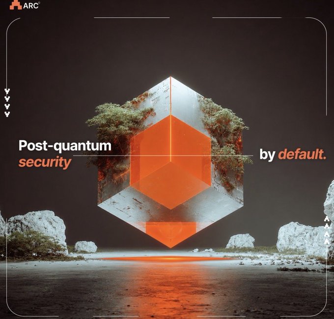 The image features a large, colorful cube floating above water with an orange border. The cube has a green plant growing out of one side. Below the cube, there are rocks scattered around. The text "Post-Quantum by default" is written in black at the bottom of the image.