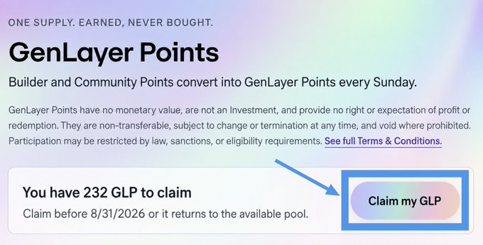A GenLayer Points claim interface showing 'You have 232 GLP to claim' before 8/31/2026, with an arrow pointing to a 'Claim my GLP' button.