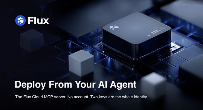 A dark, tech-themed promotional image features a sleek 3D rendering of a microchip or processor module with glowing blue circuitry and lights, set against a futuristic grid background. The Flux logo appears in the top left, while bold white text reads "Deploy From Your AI Agent" with a subtitle: "The Flux Cloud MCP server. No account. Two keys are the whole identity." The accompanying post explains that AI agents can now autonomously deploy, manage, and cancel cloud instances on Flux via MCP from clients like Claude Code, Cursor, or Windsurf using just two API keys.