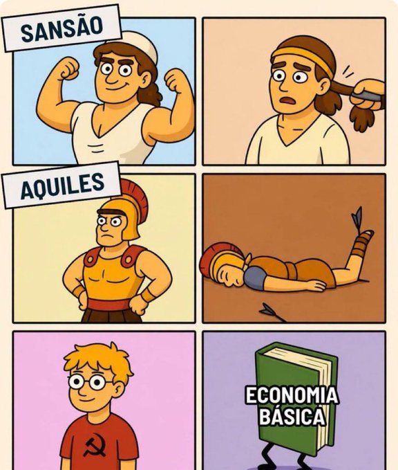 A four-panel cartoon contrasts mythological figures and reality: "SANSÃO" (Samson) shown strong then losing his hair, and "AQUILES" (Achilles) shown proud then shot in the heel, followed by a communist boy and a walking book labeled "ECONOMIA BÁSICA".
