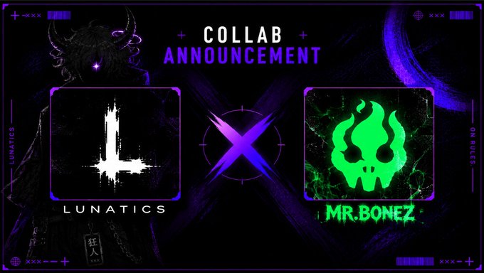 A purple and black 'Collab Announcement' graphic featuring 'Lunatics' (with a white soundwave sword logo) and 'Mr.Bonez' (with a green skull flame logo).