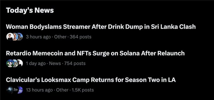 The image shows a "Today's News" feed featuring three headlines, including "Retardio Memecoin and NFTs Surge on Solana After Relaunch" (754 posts), which directly supports the accompanying post's claim about Retardio flooding timelines and provides evidence of the memecoin's surging popularity.