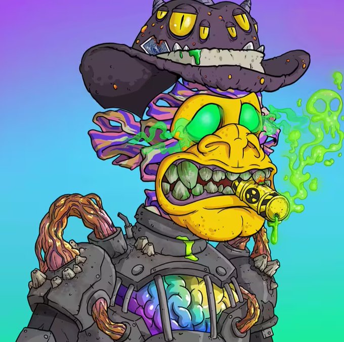 The image features a cartoon character wearing a hat, a mask, and a suit of armor with a gun in its mouth. The character appears to be smoking a cigarette while standing against a purple background. The caption below the image reads "Wow!! Thanks @MrAduitore fot that sick mutant! Which i won on @LunardollzNft space today! LFG!!!". This post seems to be promoting an art piece or a cartoon character, possibly for sale in a comic book store.

The main focus of the image is the cartoon character with a gun and a hat, which are the central elements that draw attention. The purple background provides contrast to the character's outfit and adds depth to the overall composition.
