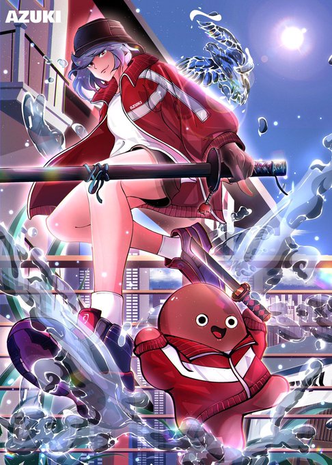 An anime-style illustration labeled 'AZUKI' showing a blue-haired character in a red jacket wielding a katana alongside a small red mascot figure in a red tracksuit, surrounded by water effects.