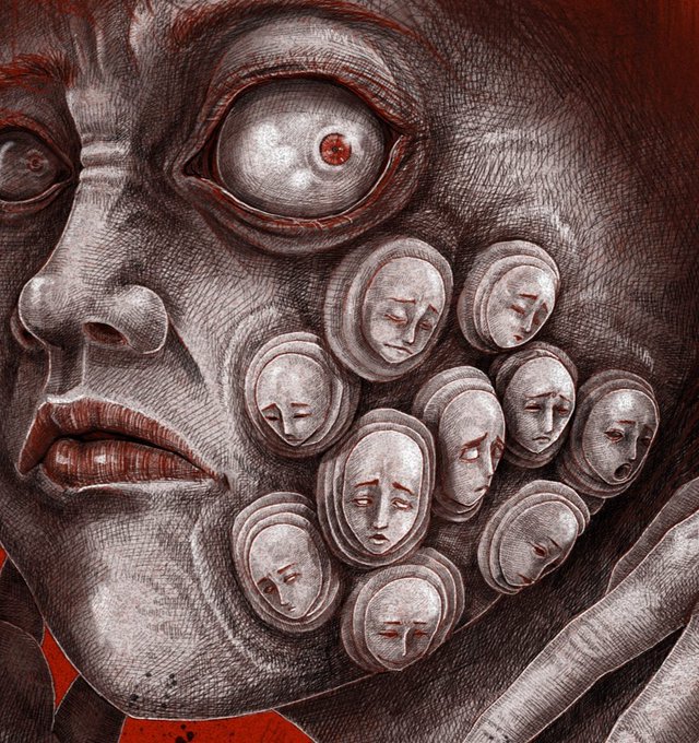 A close-up portrait of a wide-eyed face with multiple small masked expressions covering the cheek, rendered in dark, sketchy tones with red accents. The clustered miniature faces visually embody the caption's theme of "True Face" — suggesting the many masks or emotions one reveals on the surface, tied to the listed price of 0.1 ETH.