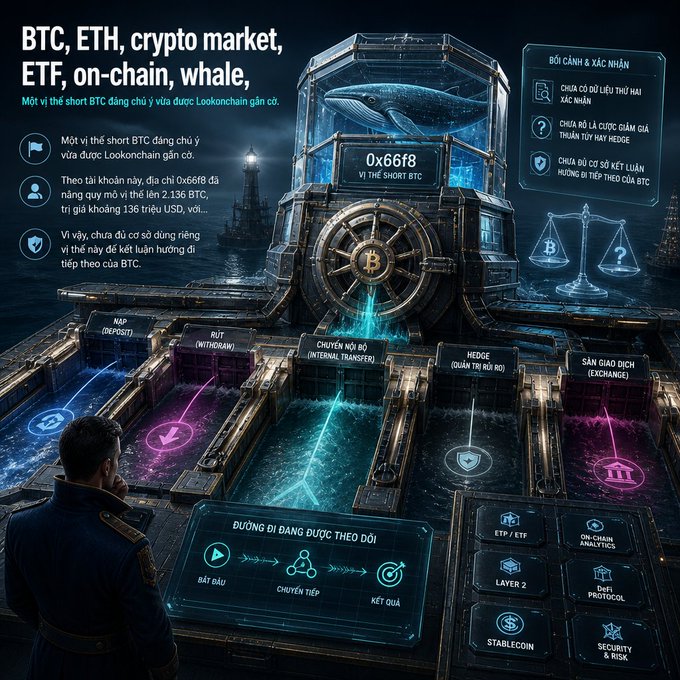 A digital infographic titled 'BTC, ETH, crypto market, ETF, on-chain, whale' showing a vault-like structure labeled '0x66f8 VỊ THẾ SHORT BTC' with various crypto process buttons in Vietnamese.