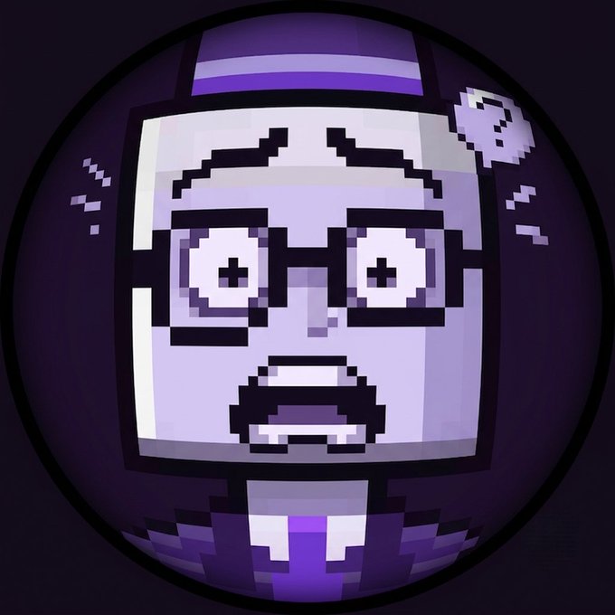 A pixel art illustration of a purple Mooninite character (from Aqua Teen Hunger Force) wearing glasses with a shocked expression, set against a dark purple background.