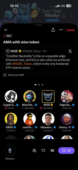 Screenshot of a Twitter/X Spaces AMA session titled "AMA with wise token" featuring WISE as a speaker, with host Crypto_A..., speakers Wise Ent... and WISE, and listeners including Tolga Oz..., OREO, Lord Rx..., Oluwase..., and Emory. The quoted tweet from @WISE_Token highlights WISE as "the only hardened ETH reserve asset" with "Credible Neutrality," directly supporting the post's praise for the stream introducing the WISE_Token team and its $WISE token positioning.