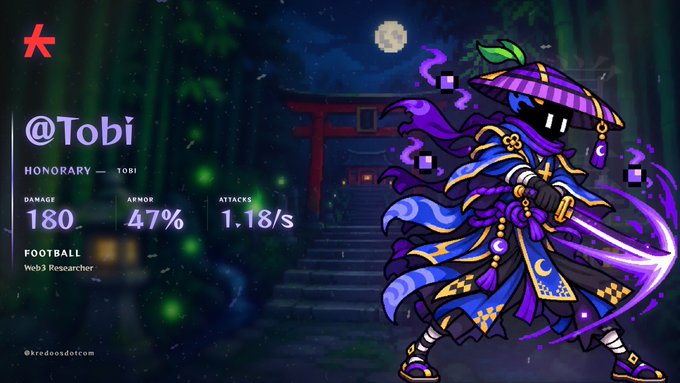 A character profile card for '@Tobi' showing stats like DAMAGE 180, ARMOR 47%, and ATTACKS 1.18/s, set against a dark temple background.
