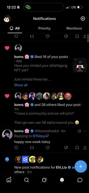 A mobile screenshot of a social media notifications page showing various likes, reposts, and mentions including posts from users 'kome' and mentions of 'Ehi Lia'.
