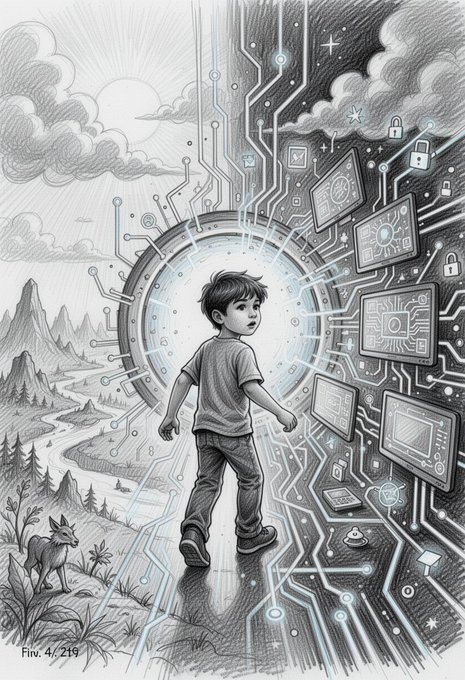 A young boy stands before a glowing portal that bridges a natural landscape with mountains, sun, and a wolf on one side, and a digital realm of circuit-lined screens and lock icons on the other—symbolizing the crossover between physical and virtual worlds that connects to the post's theme of the child of Satoshi discovering unity between the physical and digital realms.