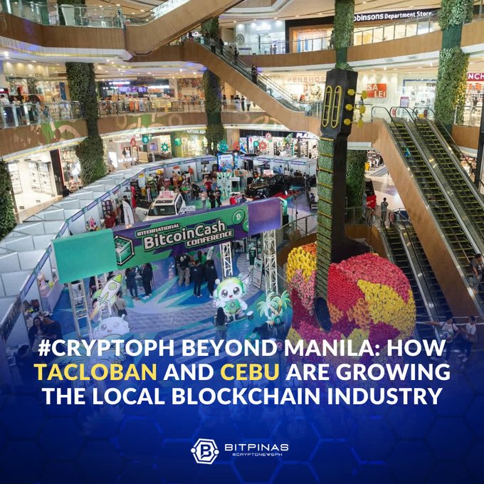An image from Bitpinas (#CRYPTOPH) showing a mall event for 'Bitcoin Cash International Conference' with the headline '#CRYPTOPH BEYOND MANILA: HOW TACLOBAN AND CEBU ARE GROWING THE LOCAL BLOCKCHAIN INDUSTRY'.