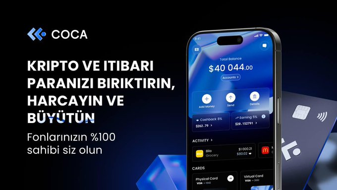 The image features an advertisement for a cryptocurrency called COCA (Cocana). The advertisement showcases a smartphone displaying the COCA app, which allows users to manage their digital assets using Bitcoin. The phone's screen displays various information about the app, including its name and logo, as well as some text in another language that is not clear from the image alone.
