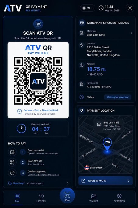 A mobile app interface for ATV QR Payment showing a payment screen for Blue Leaf Café at 221B Baker Street, London, with an amount of 18.75 ITL (~$9.42 USD) and a payment timer of 04:37.