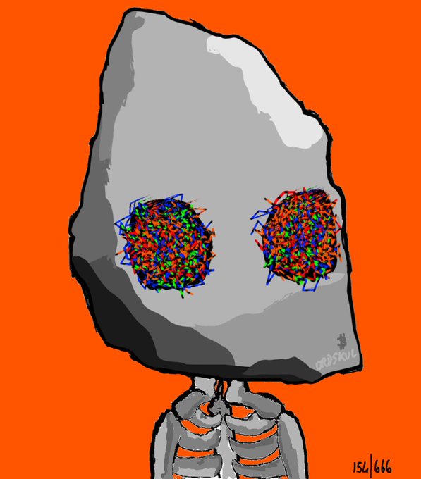 Surreal digital painting of a gray stone-headed skeleton with multicolored static-filled eyes against an orange background, signed 'CROSSOUT 152/666'.