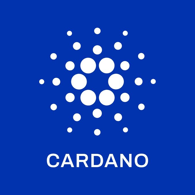 The image displays the Cardano logo, featuring a circular arrangement of white dots in decreasing size on a blue background, with the word "CARDANO" below. The post references the cryptocurrency's recent activation of the van Rossem hard fork, which reduces smart contract costs and prepares the network for a significant scalability upgrade.