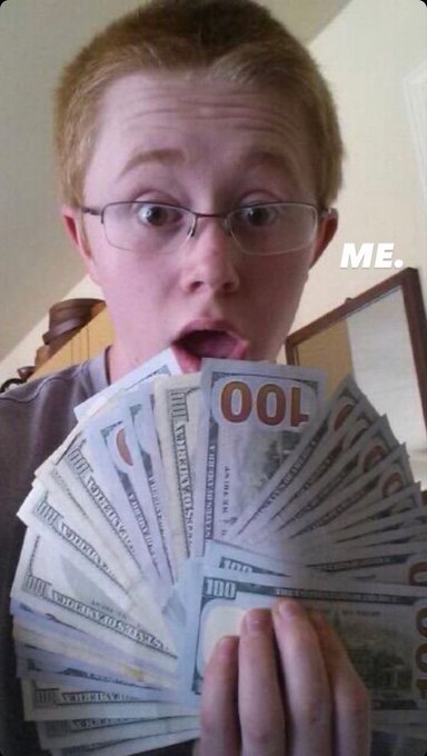 A humorous photo of a young boy with glasses holding a fan of $100 bills with an exaggerated excited expression, labeled 'ME.'