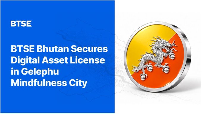 A promotional graphic for BTSE announces that "BTSE Bhutan Secures Digital Asset License in Gelephu Mindfulness City," featuring a silver and orange medallion with the Bhutanese dragon emblem on the right. The image visually reinforces the post's announcement about the official license granted to BTSE Bhutan for operating in the planned Gelephu Mindfulness City.