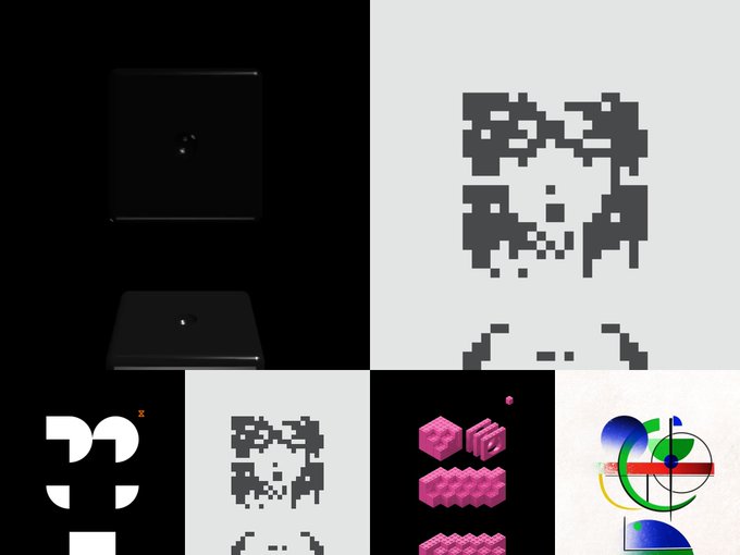 A collage of four images: black panels with subtle icons, pixel art faces in black and white, pink isometric 3D honeycomb shapes, and abstract colorful geometric compositions.