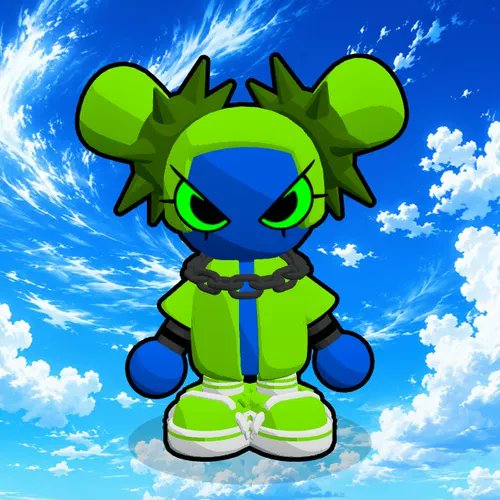 A cartoon-style NFT character with green spiky hair, blue face and hands, a green hoodie, and green sneakers stands against a vibrant blue sky with white clouds. The artwork corresponds to "The God Pull" NFT, listed as #6910, which sold for 0.042 ETH (approximately $80.64) and holds an OpenRarity rank of #2,453 out of 7,777.