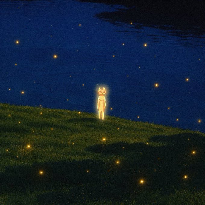 An anime-style illustration of a small, glowing cat-like figure standing on a grassy hill at night, surrounded by floating fireflies under a starry sky.