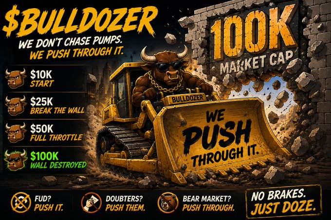 A promotional graphic for '$BULLDOZER' crypto, featuring a muscular bull operating a bulldozer breaking through a wall, with milestone tiers ($10K Start, $25K Break The Wall, $50K Full Throttle, $100K Wall Destroyed) leading to a 100K Market Cap.