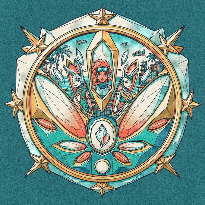 A decorative badge-style illustration featuring a character with goggles, two rabbit-like figures, and a tropical background within a star-bordered emblem.