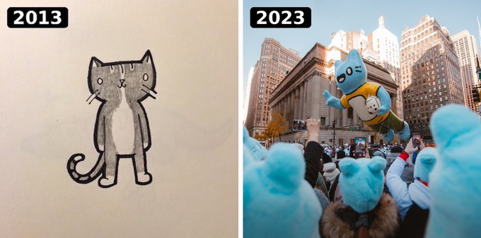 The image shows a side-by-side comparison labeled "2013" and "2023," with a simple pencil drawing of a cat on the left and a parade scene featuring inflatable blue cat balloons on the right. It relates to the post by illustrating the Cool Cats NFT collection's evolution from a basic childhood doodle concept to its balloon-debut appearance at the Macy's Thanksgiving Day Parade, reflecting the poster's nostalgic reflection on their decision to choose Pudgy Penguins over Cool Cats.