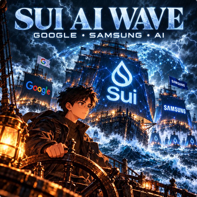 An anime-style illustration titled 'SUI AI WAVE' features Google and Samsung branding on ships at sea, promoting Sui blockchain technology.