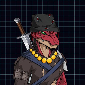 A digital illustration features a red dragon wearing a fuzzy black hat adorned with small eyes, a beaded necklace, and a sword strapped to its back, set against a dark grid background. The artwork relates to the post as it depicts "PPE Peter," a dapper dragon NFT from the @XSamuraiDragons collection, whose snagging contributed to increased $ATOM drops.
