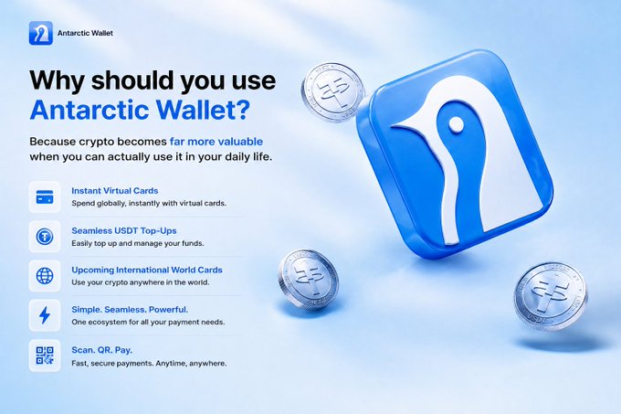 The image features a blue square penguin logo with white text that reads "Why should you use Antarctic Wallet?". The penguin logo is positioned at the top of the image, while the text is located below it. Below the penguin logo, there are several lines of text providing information about the wallet service and its benefits.