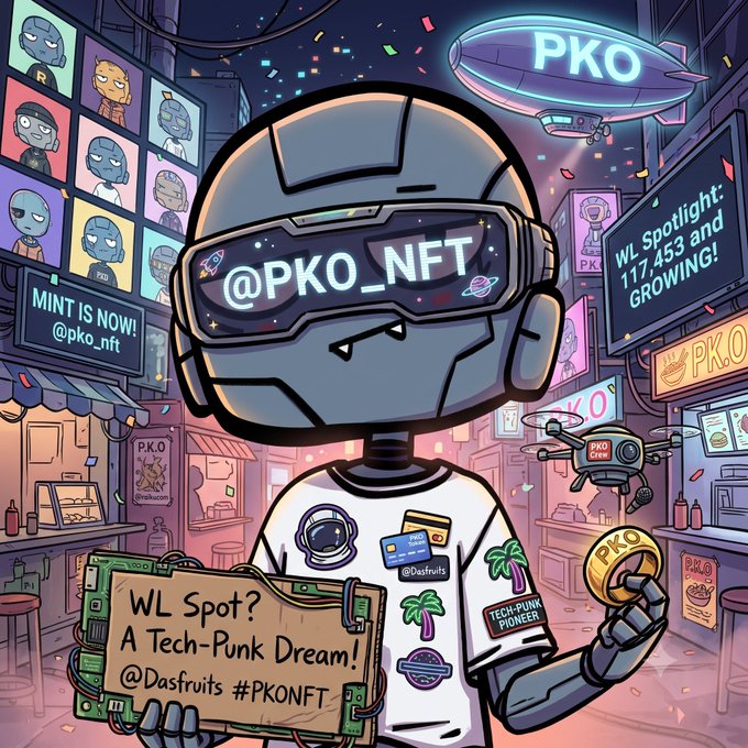 A cartoon robot character wearing a VR headset displaying "@PKO_NFT" stands in a vibrant cyberpunk street scene, holding a sign that reads "WL Spot? A Tech-Punk Dream! @Dasfruits #PKONFT" and a "PKO" coin, with billboards announcing "MINT IS NOW! @pko_nft" and "WL Spotlight: 117,453 and GROWING!" — directly promoting the P.K.O. NFT project's whitelist and upcoming mint mentioned in the post.