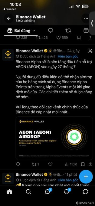 The image shows a Binance Wallet post announcing an exclusive $AEON airdrop for eligible Binance Alpha Traders, with instructions to claim Alpha Points by July 27th to qualify for rewards. The accompanying caption reflects enthusiasm for the $AEON airdrop, encouraging users to participate and potentially predict the outcome of the rewards distribution.