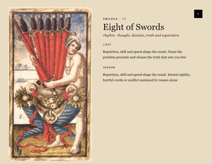 A tarot card display featuring the "Eight of Swords" from the Sola Busca deck, with text reading "SWORDS · 71," "Eight of Swords," "rhythm · thought, decision, truth and separation," and "LIGHT/SHADOW" interpretations. This relates to the Sola Busca Tarot ordinals giveaway, showcasing one of the cards included in the collection being given away.