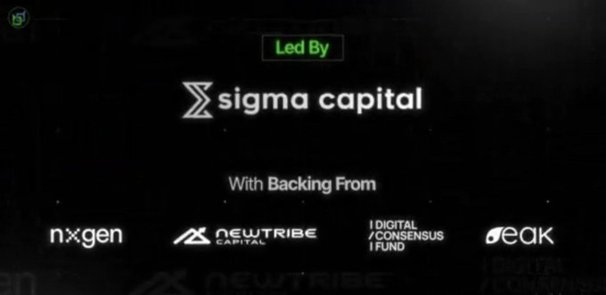 A dark-themed slide displays "Led By Sigma Capital" at the top, with "With Backing From" listed below alongside the logos of NXGen, Neutribe Capital, 1Digital/Consensus 1Fund, and Peak, visually reinforcing the announcement of Beldex's new funding round led by Sigma Capital with additional support from these venture capital firms.