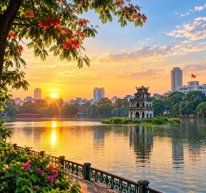 A scenic view of a lake at sunset, featuring a traditional multi-tiered tower on a small island in the center, with city buildings and a red flag visible in the background, framed by red flowers and green foliage.