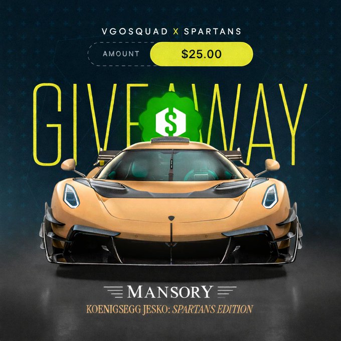 The image features a tan sports car with black rims, which appears to be a luxury vehicle. It has a large spoiler at the back of the car. The background of the image is blue, and there are yellow text elements on the poster that read "GIVEAWAY! To Enter: Follow us & @Spartanscom Retweet + Like Tag 2 Friends". This suggests that the image is promoting an event or contest related to the sports car industry.
