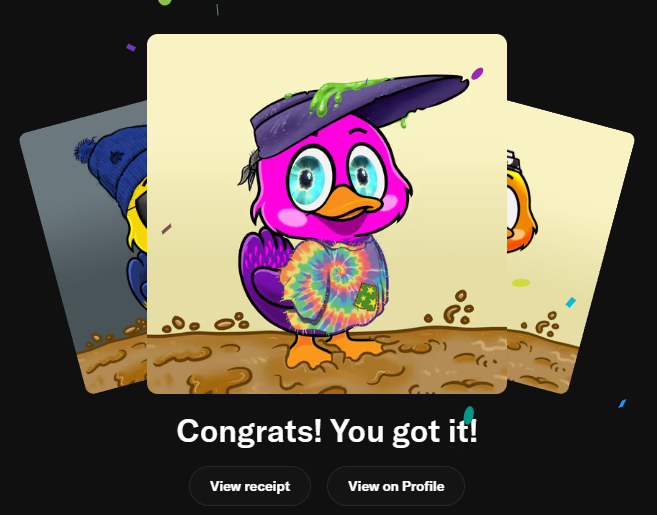 A digital trading card screen displays a pink duck character with a tie-dye shirt and a fish bowl on its head, with the text 'Congrats! You got it!' and buttons to 'View receipt' and 'View on Profile'.