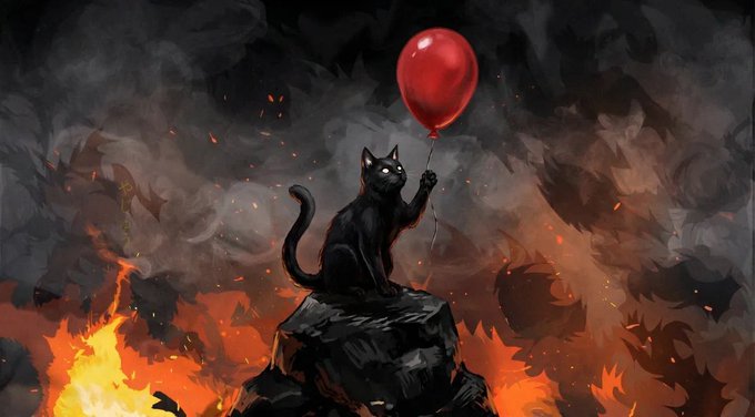 A surreal digital painting of a black cat sitting on a dark rocky outcrop holding a red balloon, surrounded by flames, smoke, and floating debris.