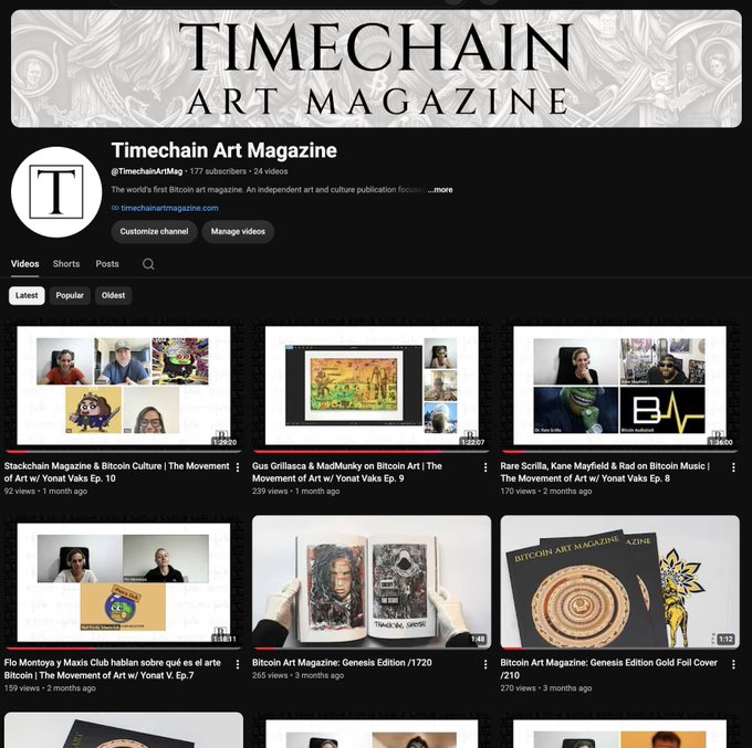 A screenshot of the YouTube channel "Timechain Art Magazine" (@TimechainArtMag), described as "The world's first Bitcoin art magazine," displaying a grid of video thumbnails about Bitcoin art and culture.