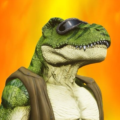 A 3D-rendered anthropomorphic green T-Rex wearing sunglasses and a brown vest against an orange background.