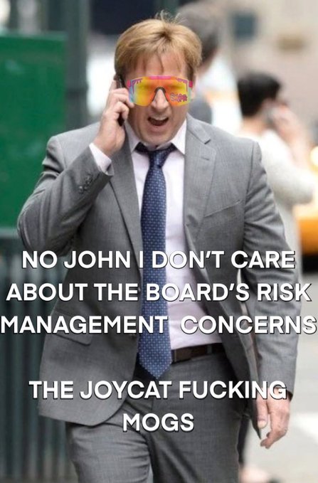 A man in a suit and tie yells into a phone while wearing pink and yellow sunglasses, with overlaid meme text reading 'NO JOHN I DON'T CARE ABOUT THE BOARD'S RISK MANAGEMENT CONCERNS' and 'THE JOYCAT FUCKING MOGS'.