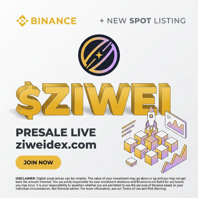 A Binance-themed promotional graphic announces a new spot listing for "$ZIWEI" with a "PRESALE LIVE" call-to-action directing users to ziweidex.com, accompanied by 3D illustrations of cubes, a rocket, and a growth chart. The image visually supports the post's presale instructions by branding the $ZIWEI token with Binance credibility and directing investors to participate before the 48-hour deadline.